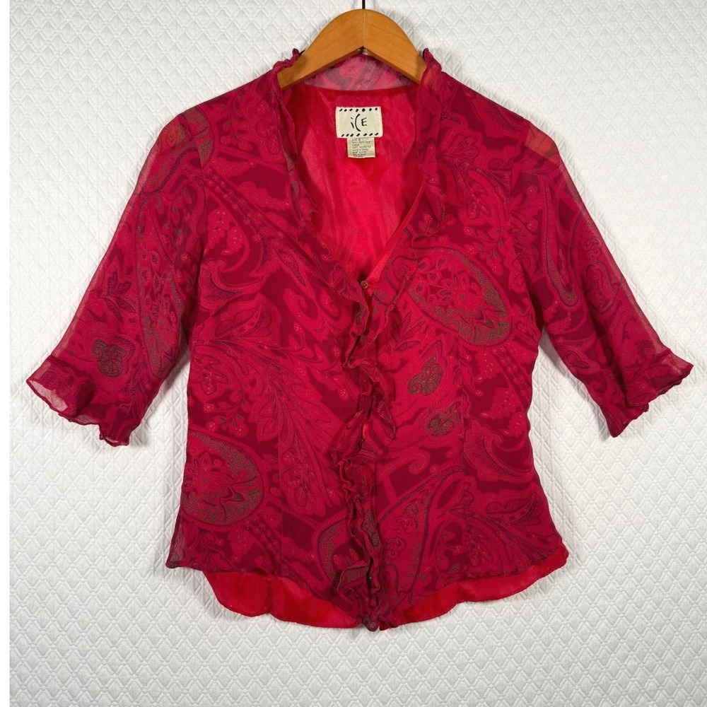ICE Vintage Red Paisley 100% Silk Top S Ruffle Front V-Neck 3/4 Sleeve Blouse